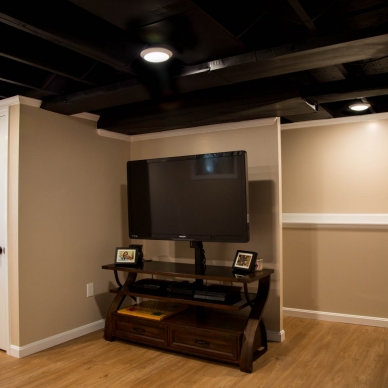 entertainment center in finished basement with hardwood floor