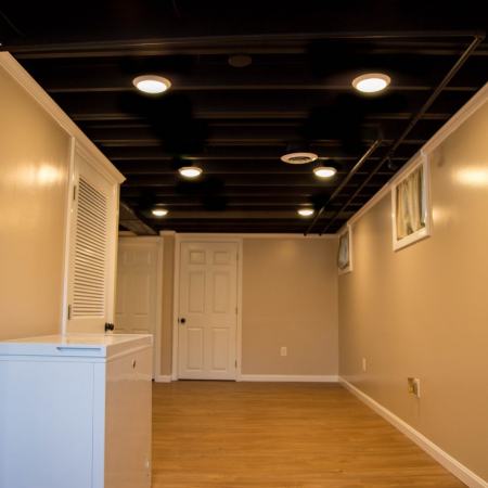 finished basement with hardwood floor