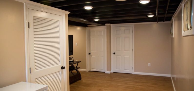 finished basement with hardwood floor