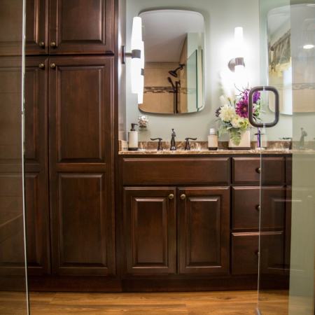 view of remodeled bathroom vanity from the shower