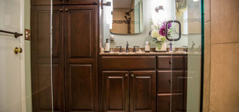 view of remodeled bathroom vanity from the shower