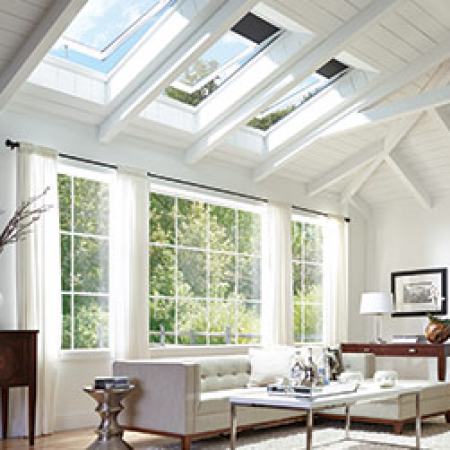 living room with blue couch skylights and window screens