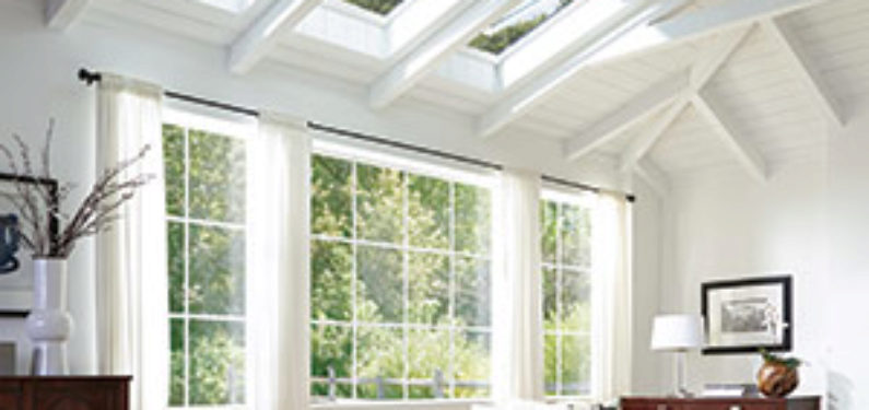 living room with blue couch skylights and window screens