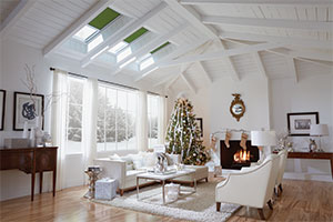 living room with christmas tree and skylights