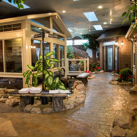 stamped concrete walkway in showroom