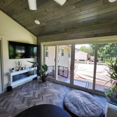Mast - interior corner of addition with view to outside deck